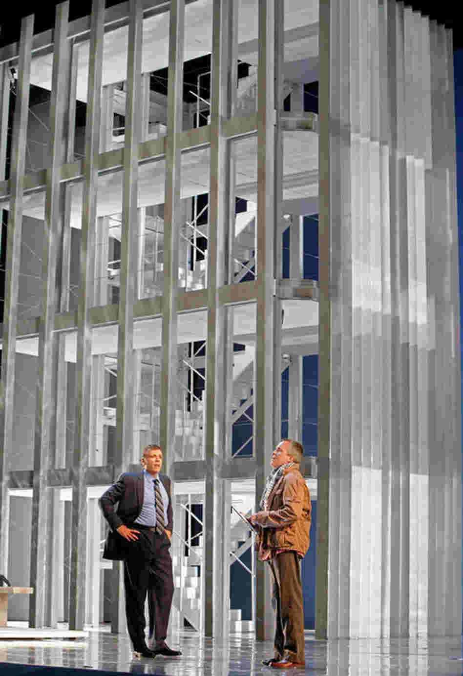 Rick Rescorla (Thomas Hampson, left) discusses terrorism with Dan Hill (William Burden) at the World Trade Center.