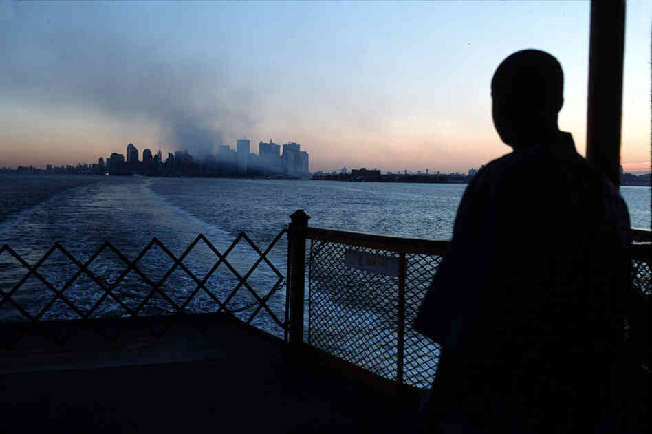 A view of Manhattan from the Staten Island ferry after the terrorist attack on the World Trade Center. September 2001.  