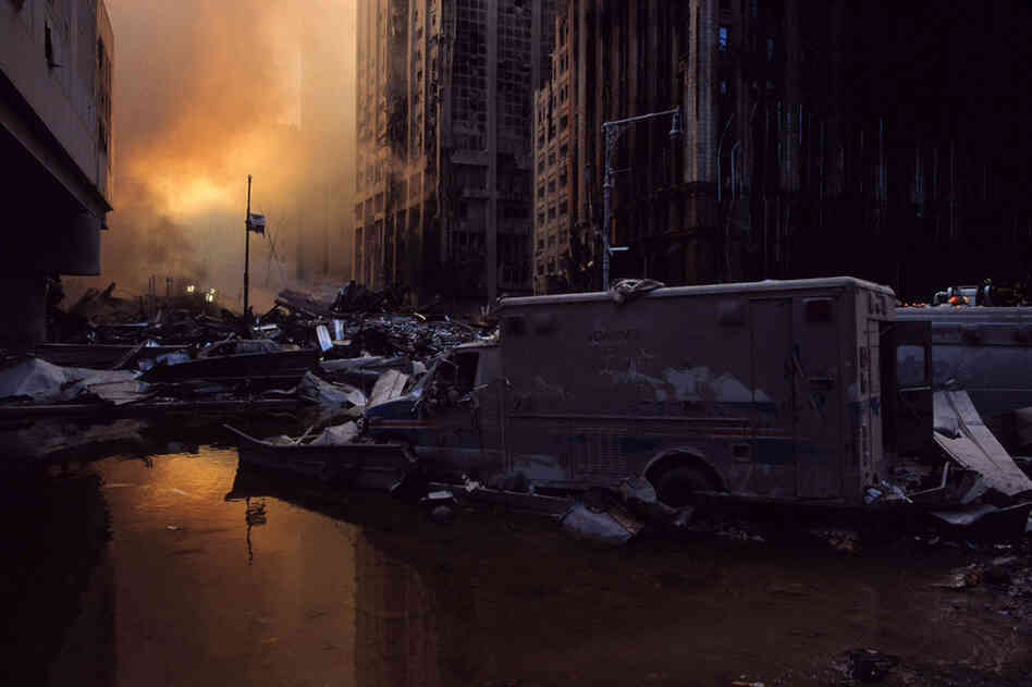 Streets of Lower Manhattan are filled with wreckage from the collapse of the World Trade Center. 