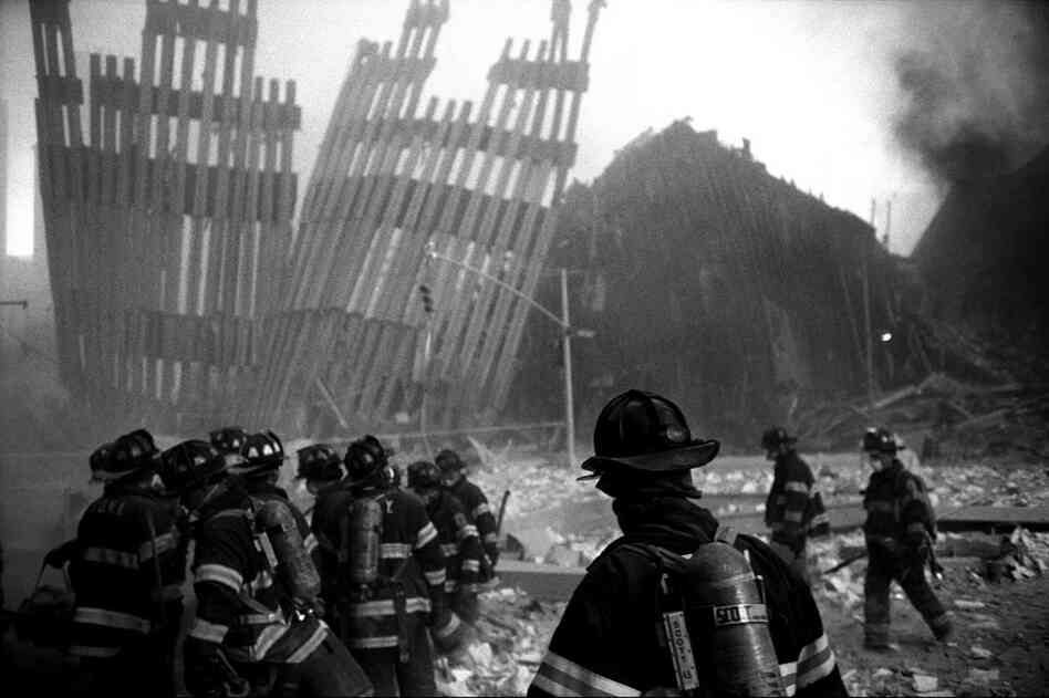 Firemen enter ground zero shortly after the collapse of the World Trade Center towers. 