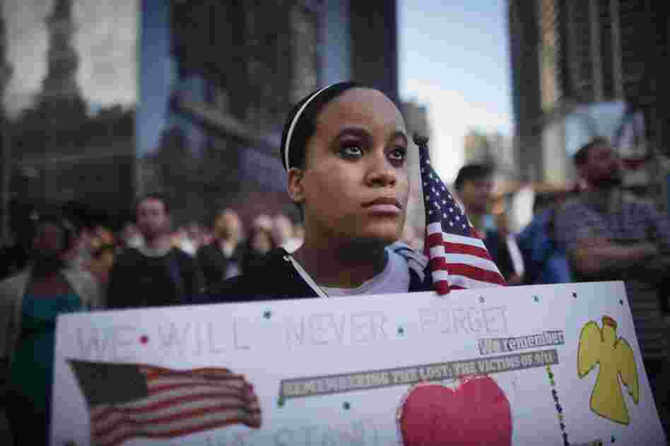 Nia Evans, who lost a friend at the World Trade Center, observes a moment of silence in New York City. 