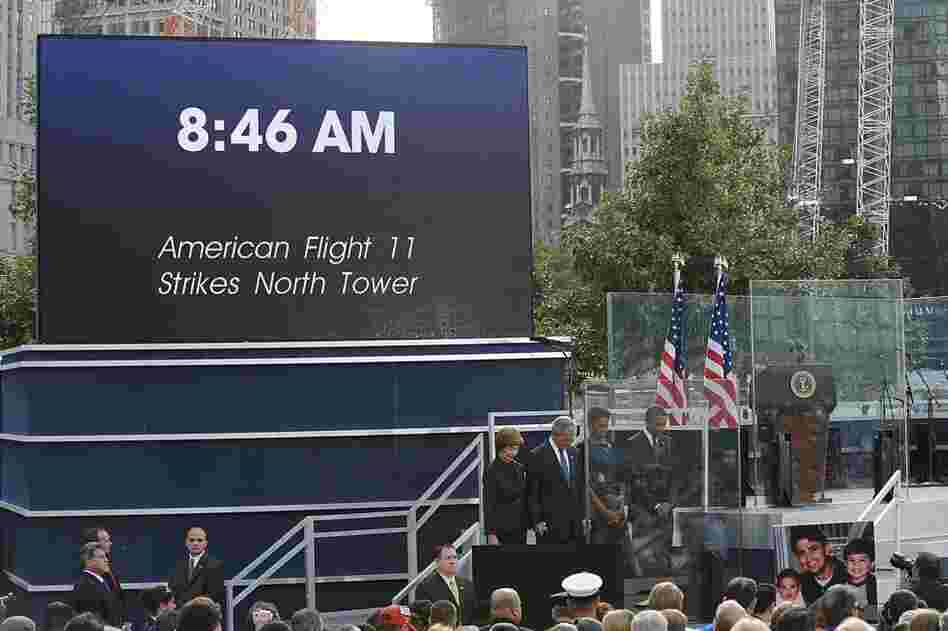 U.S. President Barack Obama and first lady Michelle Obama with former President George W. Bush and his wife, Laura Bush, at the 9/11 Memorial. 