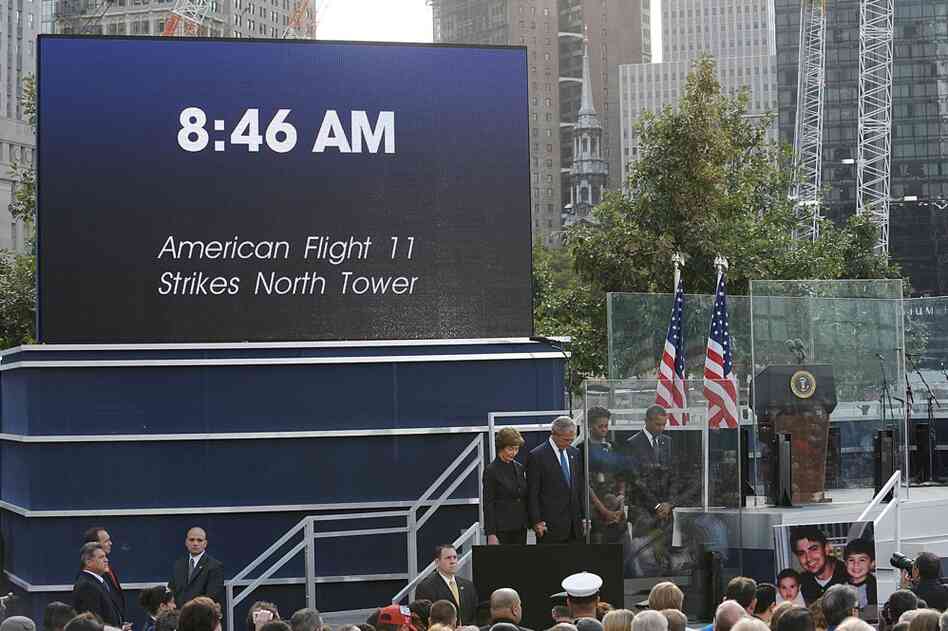 U.S. President Barack Obama and first lady Michelle Obama with former President George W. Bush and his wife, Laura Bush, at the 9/11 Memorial. 