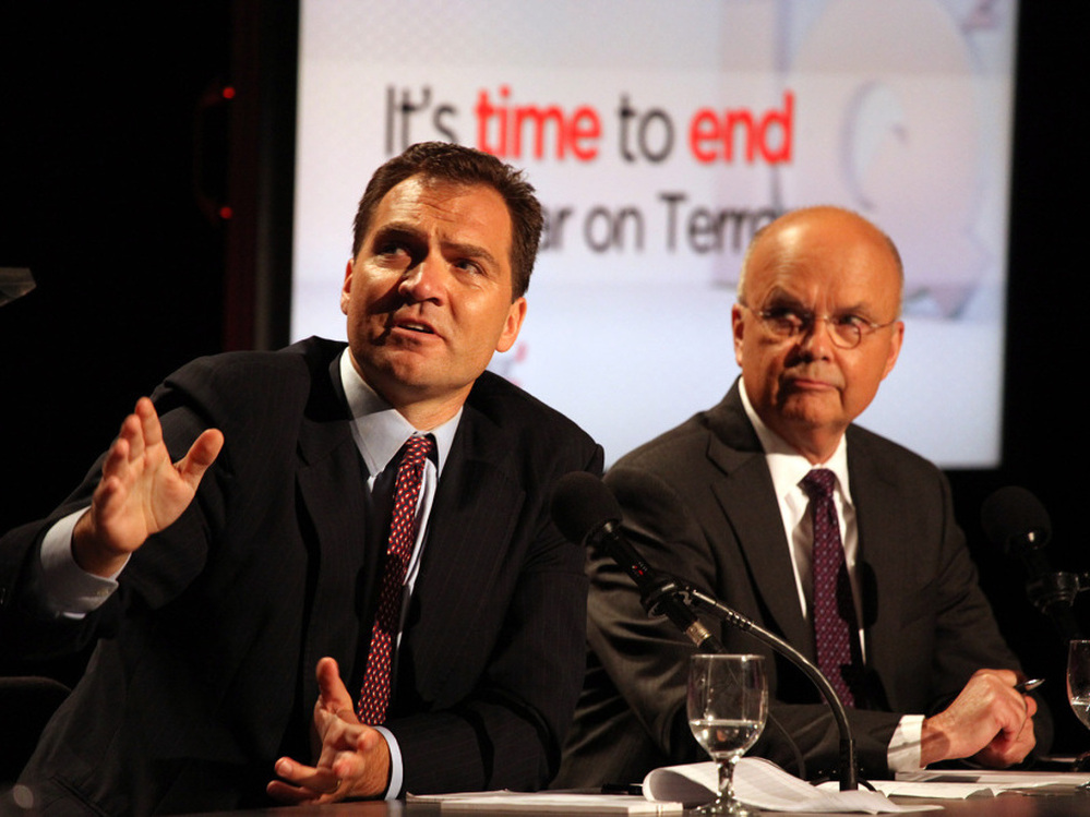 Richard Falkenrath (left) and Michael Hayden argue against the motion "It's Time to End the War on Terror" in the latest Intelligence Squared U.S. debate.