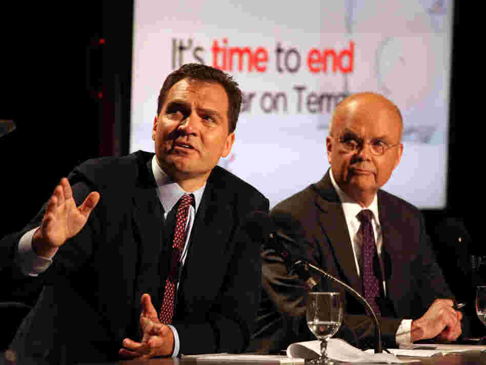 Richard Falkenrath (left) and Michael Hayden argue against the motion "It's Time to End the War on Terror" in the latest Intelligence Squared U.S. debate.