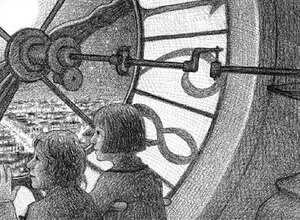 Hugo and Isabelle look out over Paris from behind a clock face in Selznick's The Invention of Hugo Cabret.