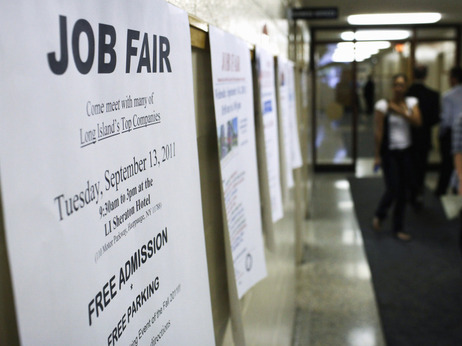 A job fair sign at the Suffolk County One Stop Employment Center last week in Hauppauge, N.Y. A job fair sign at the Suffolk County One Stop Employment Center last week in Hauppauge, N.Y.
