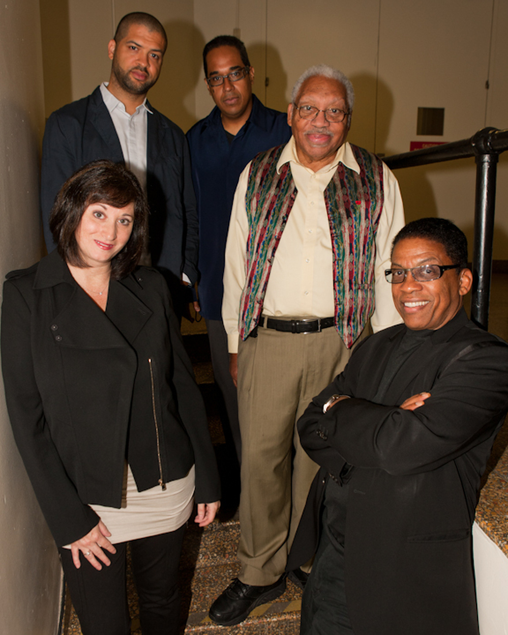 The judges for the Thelonious Monk International Jazz Piano Competition. L-R: Renee Rosnes, Jason Moran, Danilo Pérez, Ellis Marsalis, Herbie Hancock.