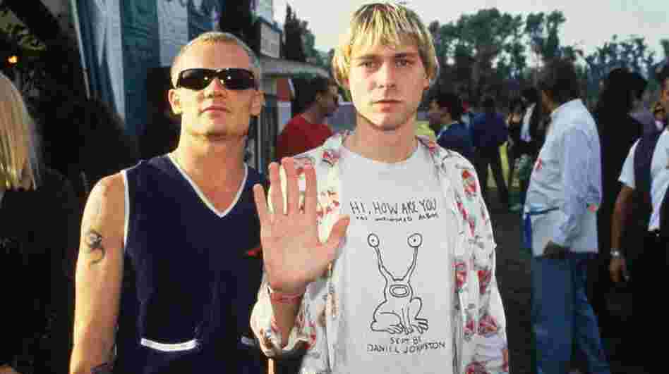 Nirvana's Kurt Cobain (right), pictured with Flea, wears a Daniel Johnston T-shirt at the 1992 MTV Video Music Awards.