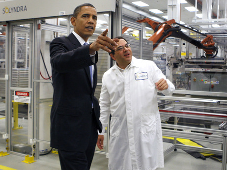 May 26, 2010: President Obama tours the Solyndra solar panel company with Executive VP of Engineering Ben Bierman. May 26, 2010: President Obama tours the Solyndra solar panel company with Executive VP of Engineering Ben Bierman.