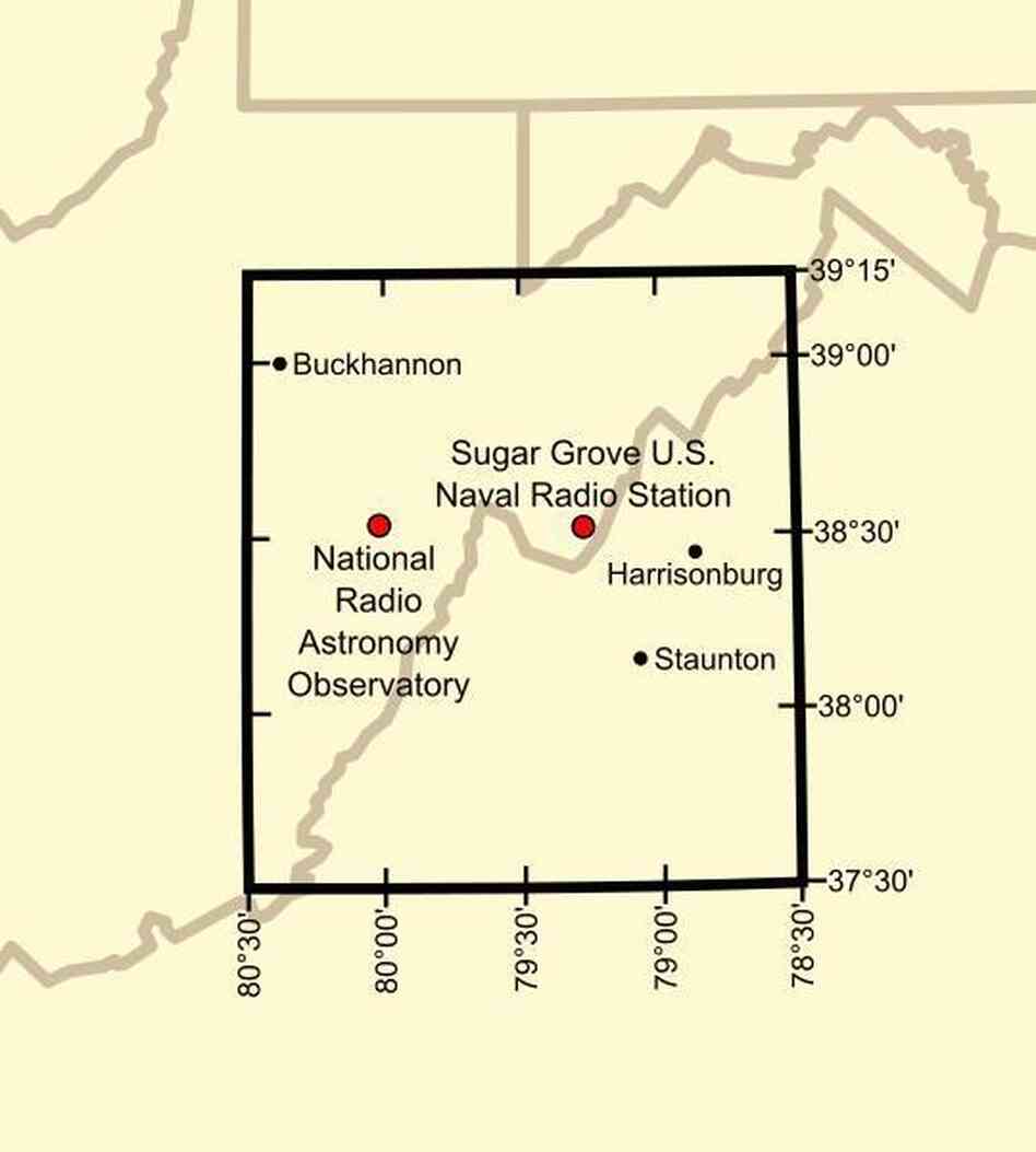 In the zone, fixed transmitters are regulated. Closer to the observatory (dot in the left of the box), restrictions are even tighter. In the zone, fixed transmitters are regulated. Closer to the observatory (dot in the left of the box), restrictions are even tighter.