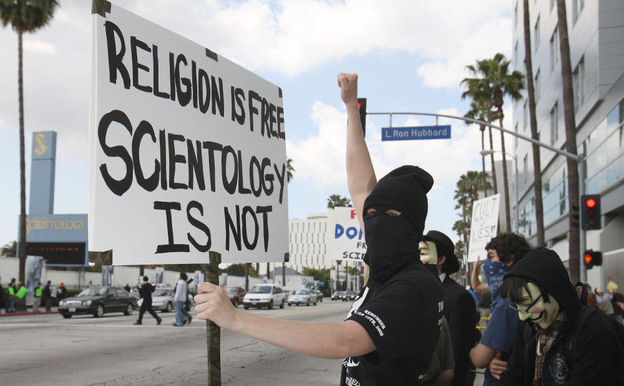 Disguised members of the "hacktivist" group called Anonymous took to the streets of Los Angeles in March 2008 to protest near buildings associated with the Church of Scientology. Similar demonstrations were held in cities mainly in the U.S. and Europe.