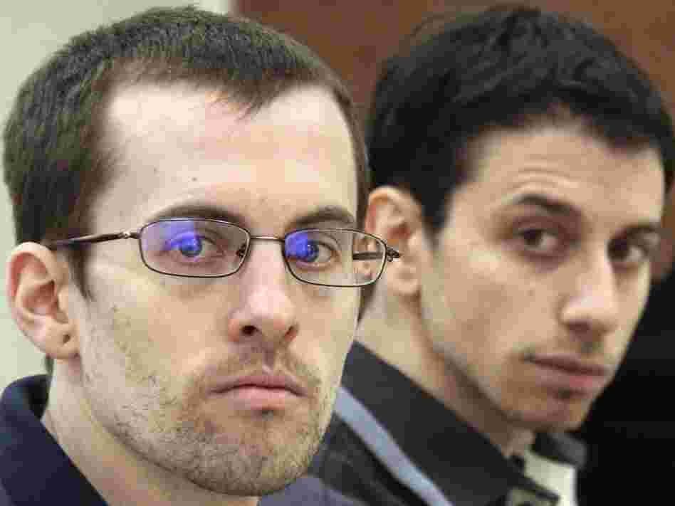 A photo released by Iran's state-run Press TV on Feb. 6, 2011, shows U.S. hikers Shane Bauer (left) and Josh Fattal at court in Tehran.