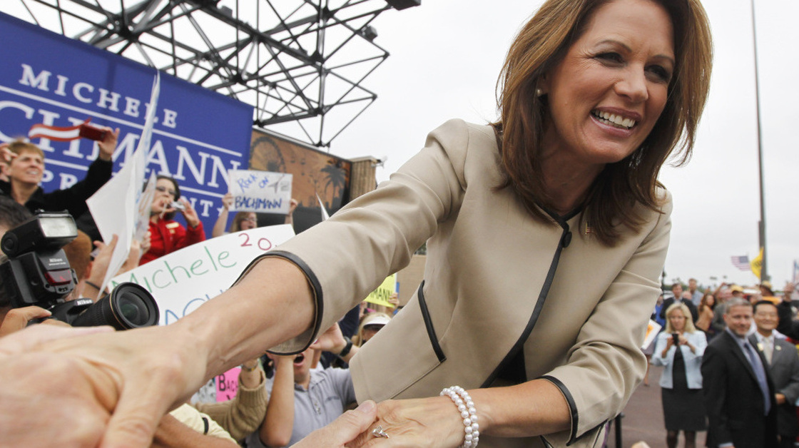 Republican presidential candidate Rep. Michele Bachmann arrives for a rally in Costa Mesa, Calif., on Friday.