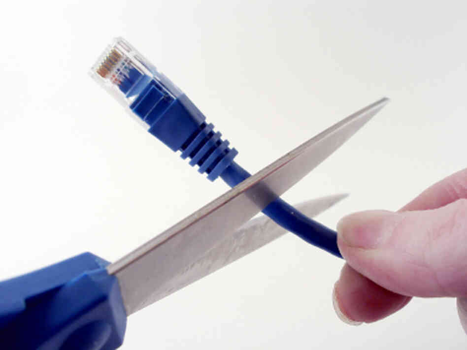 Person going to cut the connection of a network cable with sissors Person going to cut the connection of a network cable with sissors