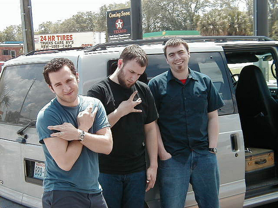 Simpler times, questionable facial hair: Trey Many, David Bazan (center) and T.W. Walsh on tour as Pedro the Lion in 2000.