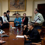 President Obama meets with advisers at an economic meeting in the Roosevelt  Room of the White House, March 15, 2009. Participants include National Economic Council Director Larry Summers, Treasury Secretary Timothy Geithner, Council of Economic Advisers Chairwoman  Christina Romer, senior adviser David Axelrod, Chief of Staff  Rahm Emanuel and adviser Gene Sperling.