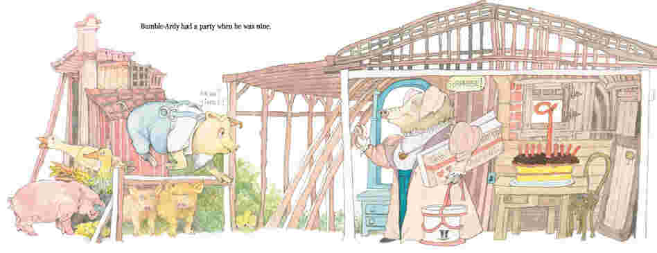 In the book, Sendak changed the story. Bumble-Ardy is now an orphaned pig who has his first birthday party when he turns 9.