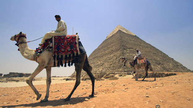 Tourist guides sit on camels as they wait for clients next to the Giza pyramids on the outskirts of Cairo, Egypt, June  23. Tourism in Egypt has dropped 35 percent overall in the first half of this year compared with the same period in 2010.