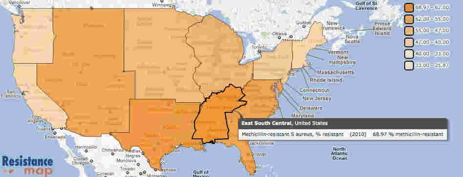 A look at the distribution of drug-resistant staph bacteria across the county shows the problem is worse in the South. A look at the distribution of drug-resistant staph bacteria across the county shows the problem is worse in the South.
