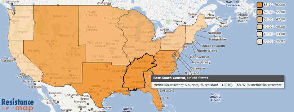 A look at the distribution of drug-resistant staph bacteria across the county shows the problem is worse in the South. A look at the distribution of drug-resistant staph bacteria across the county shows the problem is worse in the South.