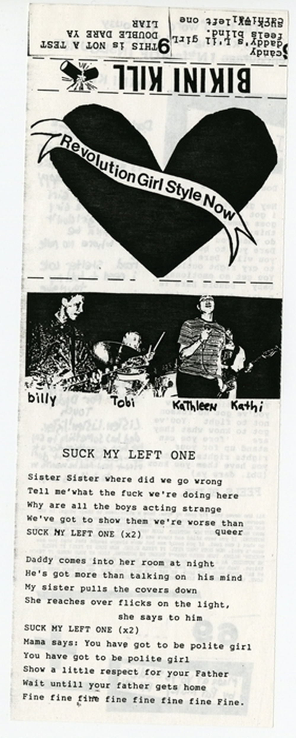 The cassette cover of Bikini Kill's Revolution Girl Style Now. [NOTE: Enlargement contains lyrics that include profanity.]