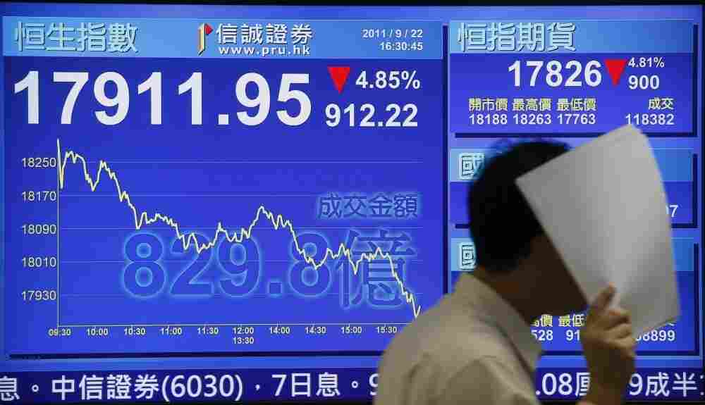 A man walk past a screen showing Hong Kong's benchmark Hang Seng stock index diving Thursday. Indexes around the world fell sharply amid worries about the global economy. A man walk past a screen showing Hong Kong's benchmark Hang Seng stock index diving Thursday. Indexes around the world fell sharply amid worries about the global economy.