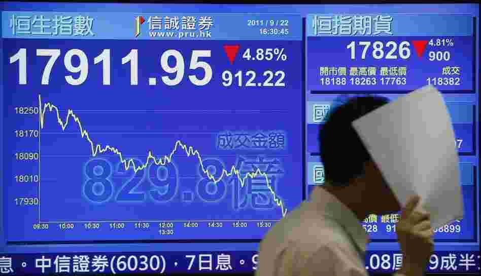 A man walk past a screen showing Hong Kong's benchmark Hang Seng stock index diving Thursday. Indexes around the world fell sharply amid worries about the global economy. A man walk past a screen showing Hong Kong's benchmark Hang Seng stock index diving Thursday. Indexes around the world fell sharply amid worries about the global economy.