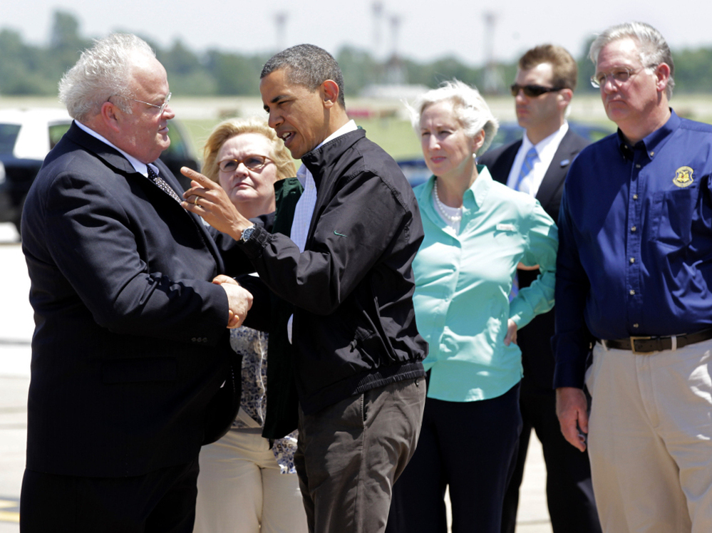 Rep. Billy Long talks with President Obama after arriving in Joplin, Mo., to visit tornado victims. The Tea Party freshman has faced criticism over his efforts to get federal aid for his Missouri district, which includes Joplin.