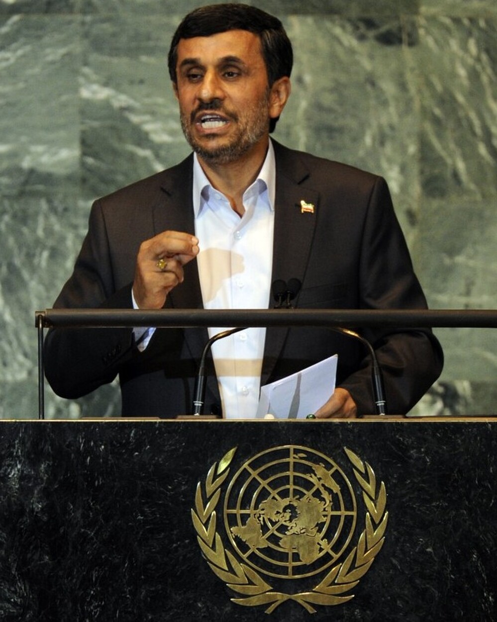Iranian President Mahmoud Ahmadinejad at the U.N. today.