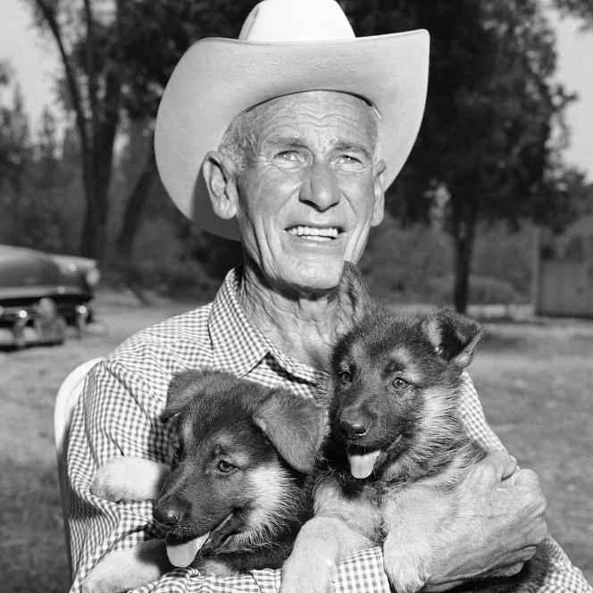 Lee Duncan, 67, holds a pair of Rin Tin Tin's descendants, Rin Tin Tin 5 and 6, in 1958.