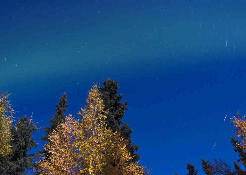 A 555-second exposure is centered on Polaris (the north star) as other stars move around it. A 555-second exposure is centered on Polaris (the north star) as other stars move around it.