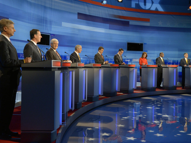 Republican presidential candidates at Fox News/Google debate in Orlando, Fla., Sept. 22, 2011.