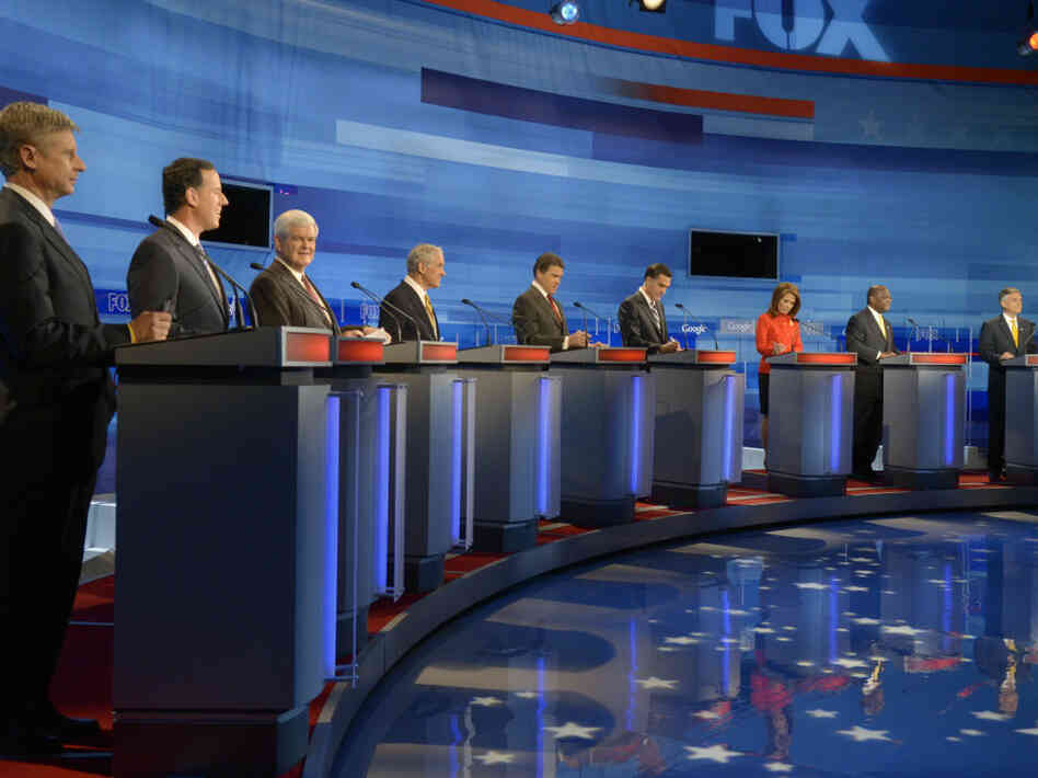 Republican presidential candidates at Fox News/Google debate in Orlando, Fla., Sept. 22, 2011.
