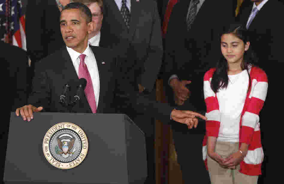 President Obama appeared with sixth-grader Keiry Herrera of Graham Road Elementary School in Falls Church, Va., as he spoke about No Child Left Behind on Friday at the White House.