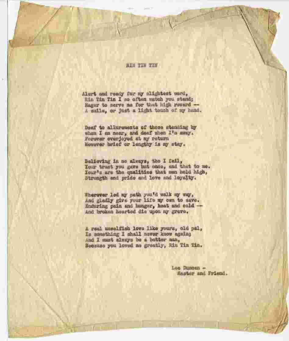 The poem "Rin Tin Tin," by Lee Duncan. The poem "Rin Tin Tin," by Lee Duncan.