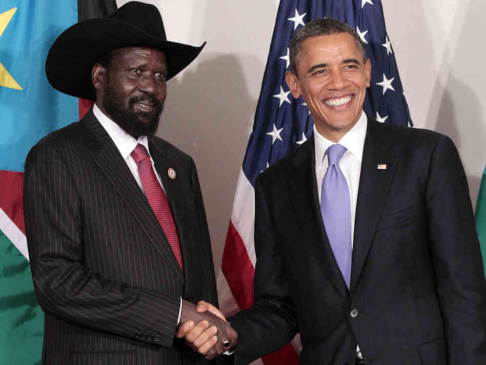President Obama shakes hands with the South Sudanese President Salva Kiir in New York last week. Obama offered U.S. support for what will be a major development program in the new nation.