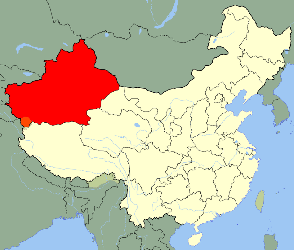 The first confirmed reports of polio in China since 1999 have cropped up in the Xinjiang Uyghur Autonomous Region (in red).