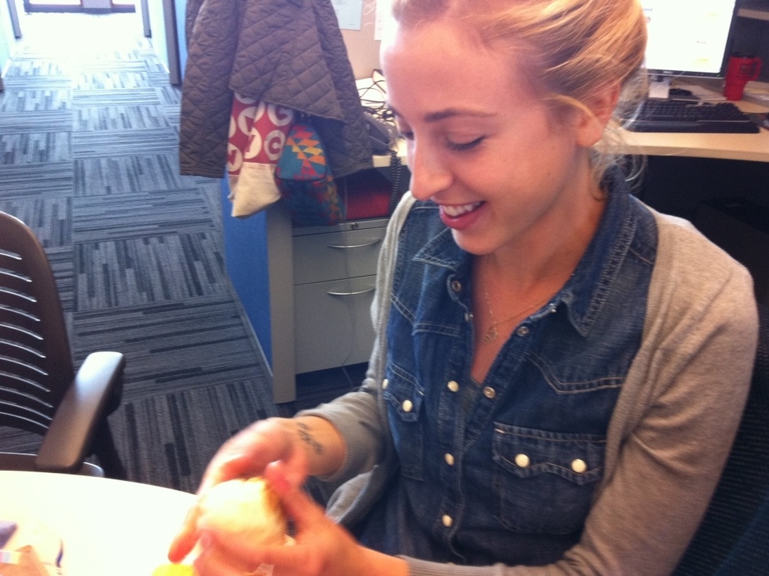 Eva sculpts the mysterious Doritos Sandwich Ball.