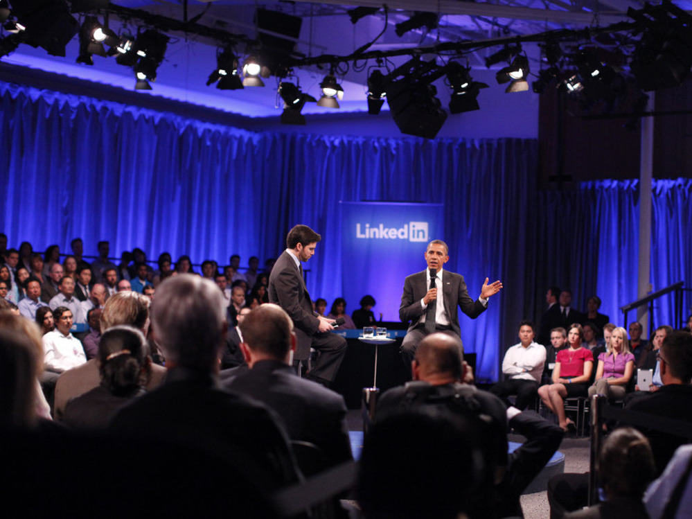 President Obama and Linkedin Corp CEO Jeff Weiner at a town hall meeting at the Computer History Museum, Mountain View, Ca.