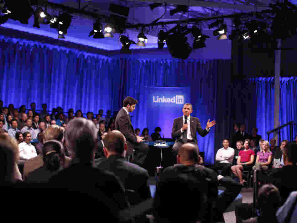 President Obama and Linkedin Corp CEO Jeff Weiner at a town hall meeting at the Computer History Museum, Mountain View, Ca.