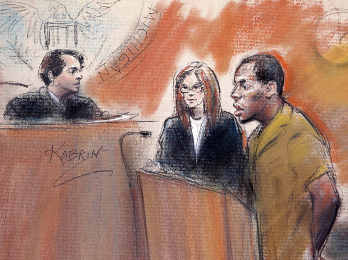 In this artist rendering, Umar Farouk Abdulmutallab stands with his attorney Miriam Siefer before U.S. District Judge Nancy Edmunds in federal court in Detroit, Sept. 13, 2010. Abdulmutallab, the Nigerian man charged with trying to blow up an Amsterdam-to-Detroit flight on Christmas in 2009, fired his lawyers and is now representing himself.