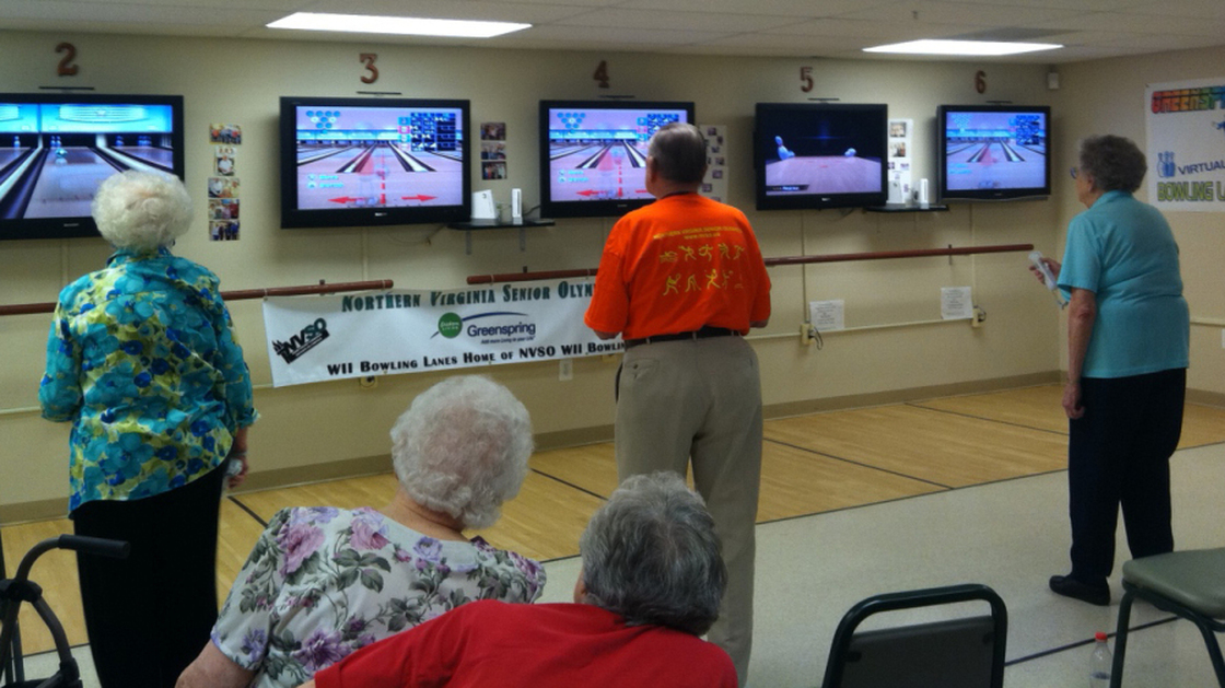 Seniors at the Greenspring Village Retirement Community in Springfield, Va., play Wii bowling.