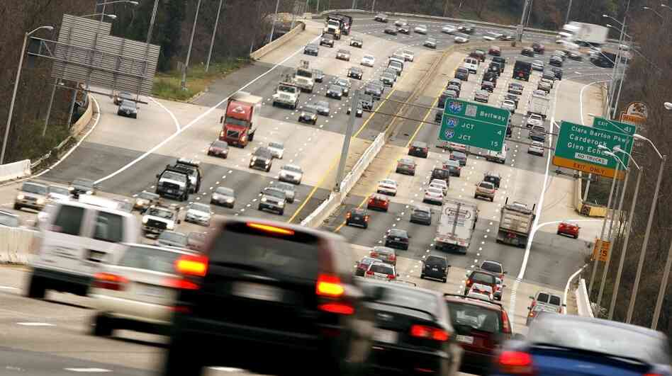 Traffic flows over the American Legion Bridge  along I-495, the Washington Beltway, between Virginia and Maryland.