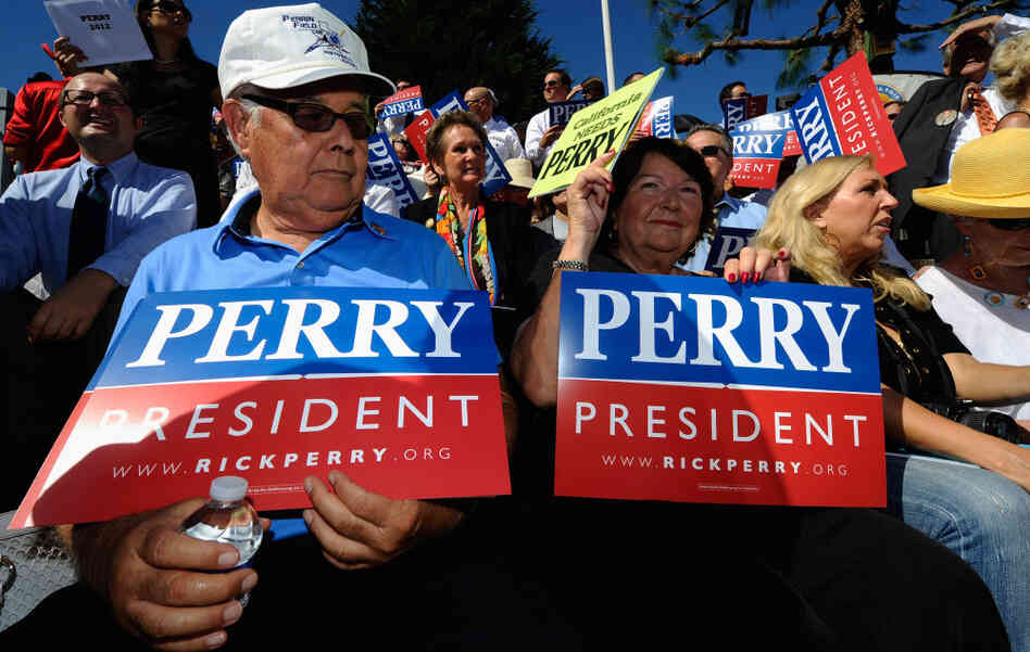 Supporters of Republican presidential candidate Rick Perry attend a rally earlier this month in Newport Beach, Calif. Though some Republican voters have doubts about Perry, recent polls show it's not because of his stance on Social Security, which he's called a "Ponzi scheme." Supporters of Republican presidential candidate Rick Perry attend a rally earlier this month in Newport Beach, Calif. Though some Republican voters have doubts about Perry, recent polls show it's not because of his stance on Social Security, which he's called a "Ponzi scheme."