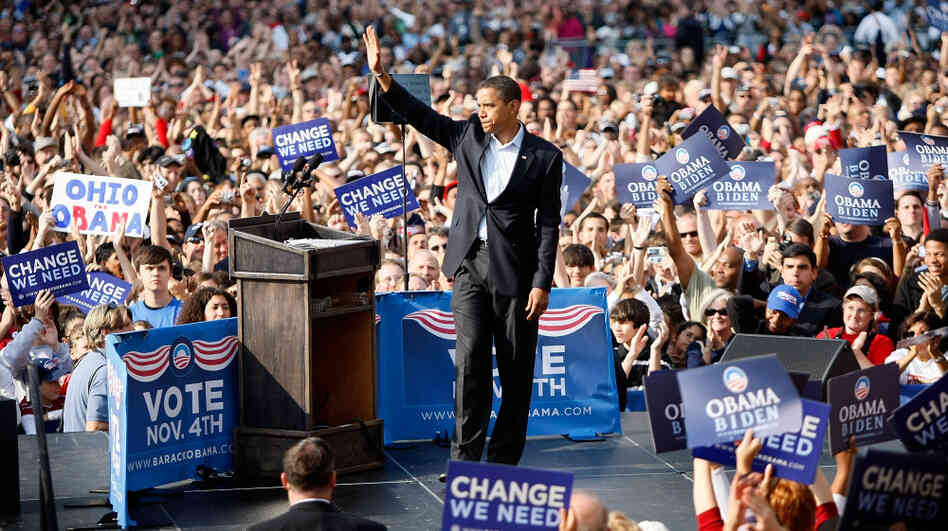 Then-Sen. Barack Obama drew enthusiastic crowds at a rally in Columbus, Ohio, just days before the 2008 election. Now, after a few rocky moments with the coalition that helped send him to the White House, and with a re-election battle looming, Obama is trying to re-energize his supporters. Then-Sen. Barack Obama drew enthusiastic crowds at a rally in Columbus, Ohio, just days before the 2008 election. Now, after a few rocky moments with the coalition that helped send him to the White House, and with a re-election battle looming, Obama is trying to re-energize his supporters.