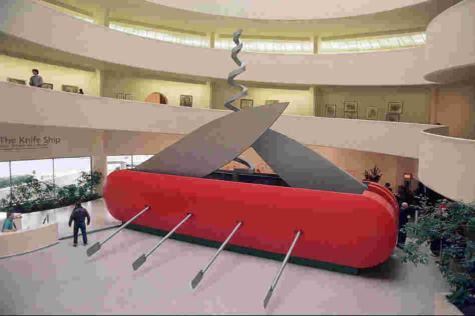 Oldenburg's Il Corso del Coltello, or "The Knife Ship," is an electric-powered Swiss Army knife that's about 40-feet long with blades and a corkscrew that are continuously in motion. It was shown at the Guggenheim Museum in New York in 1986. 