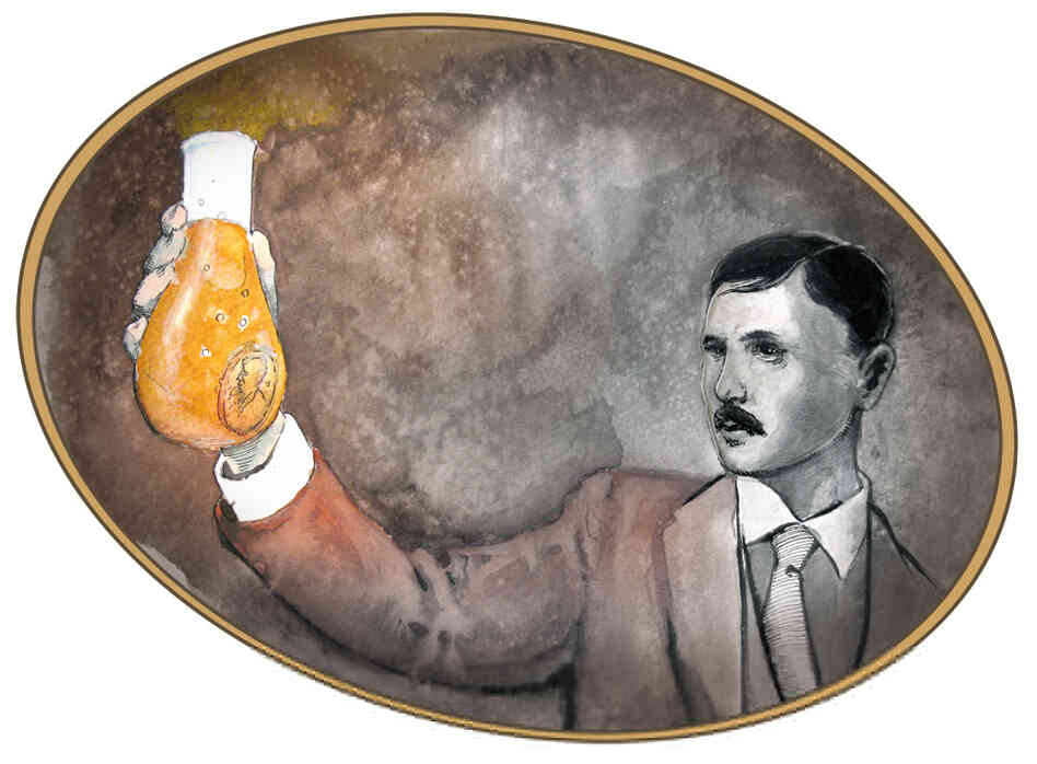 Drawing of Bohr dissolving gold in a flask.