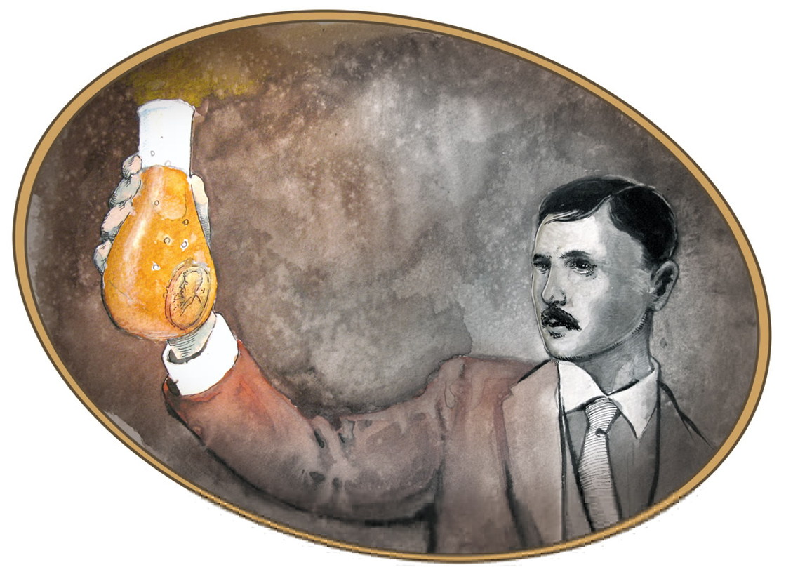 Drawing of Bohr dissolving gold in a flask.