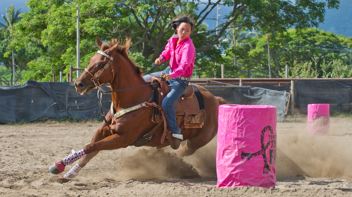 High schooler Kiana Uechi-won barrel races in the 19th Annual All-Girls Rodeo at the Kualoa Ranch on Oahu on Saturday.